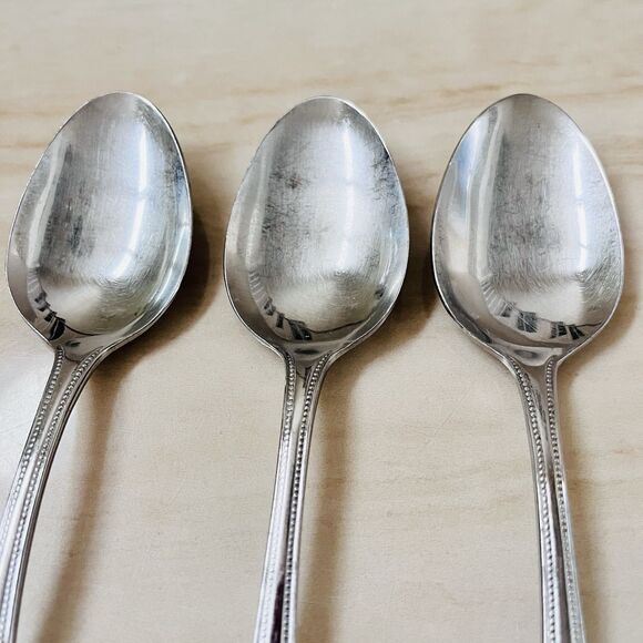 3pc F.B Rogers by Towle Norfolk Soup Spoon Stainless 7 1/4” Beaded Edge Glossy - Picture 4 of 8